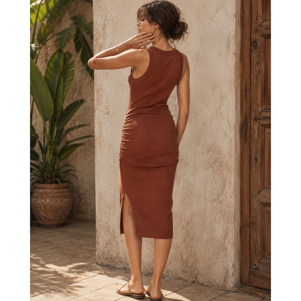 Michael Stars Lori Rust Brown Ribbed Ruched Stretch Bodycon Midi Dress Size M - Picture 2 of 10